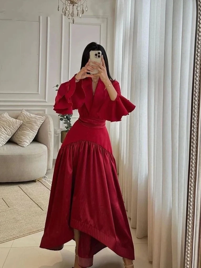 

Romantic Vintage Red Chiffon Sweet Ruffle V-Neck A-Line Long Sleeves Customize Formal Occasion Prom Dress Evening Party Gowns