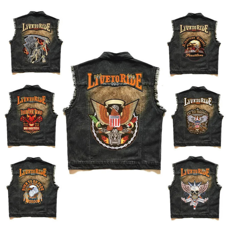 

Vintage Black Denim Motorcycle Vests Patch Embroidered Metal Badge Men's Casual Biker Waistcoat Punk Rock Sleeveless Jacket