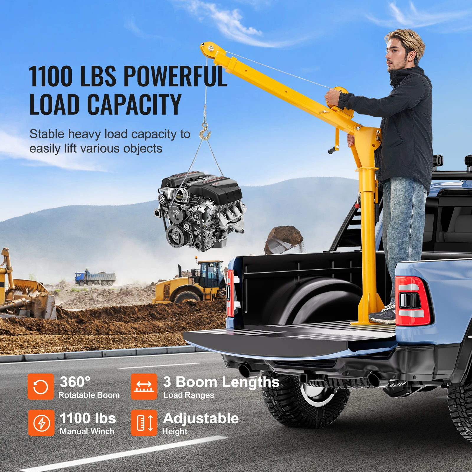 Folding Pickup Truck Crane with 1100 lbs Manual Winch