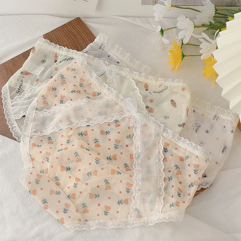 

Women's Underwear Panty Sexy Lace Panties Girl Cute Floral Briefs Middle Waist Seamless Underpants Female Lingerie One Size