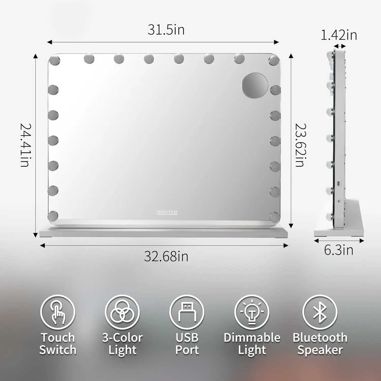 Hollywood Make-Up Mirror with Lighting 20 LED,Bluetooth Player, 80x60cm Large Cosmetic Mirror with 3 Dimmer Light ,USB,Touch 3