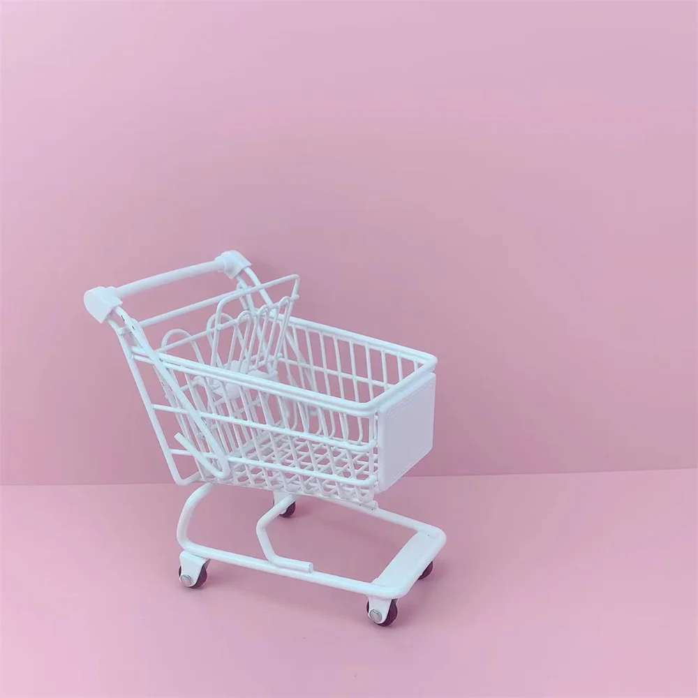 Creative Cute Desktop Storage Boxes Mini Shopping Car Storage Basket Sorting Basket Simulation Supermarket Hand Trolley Ornament