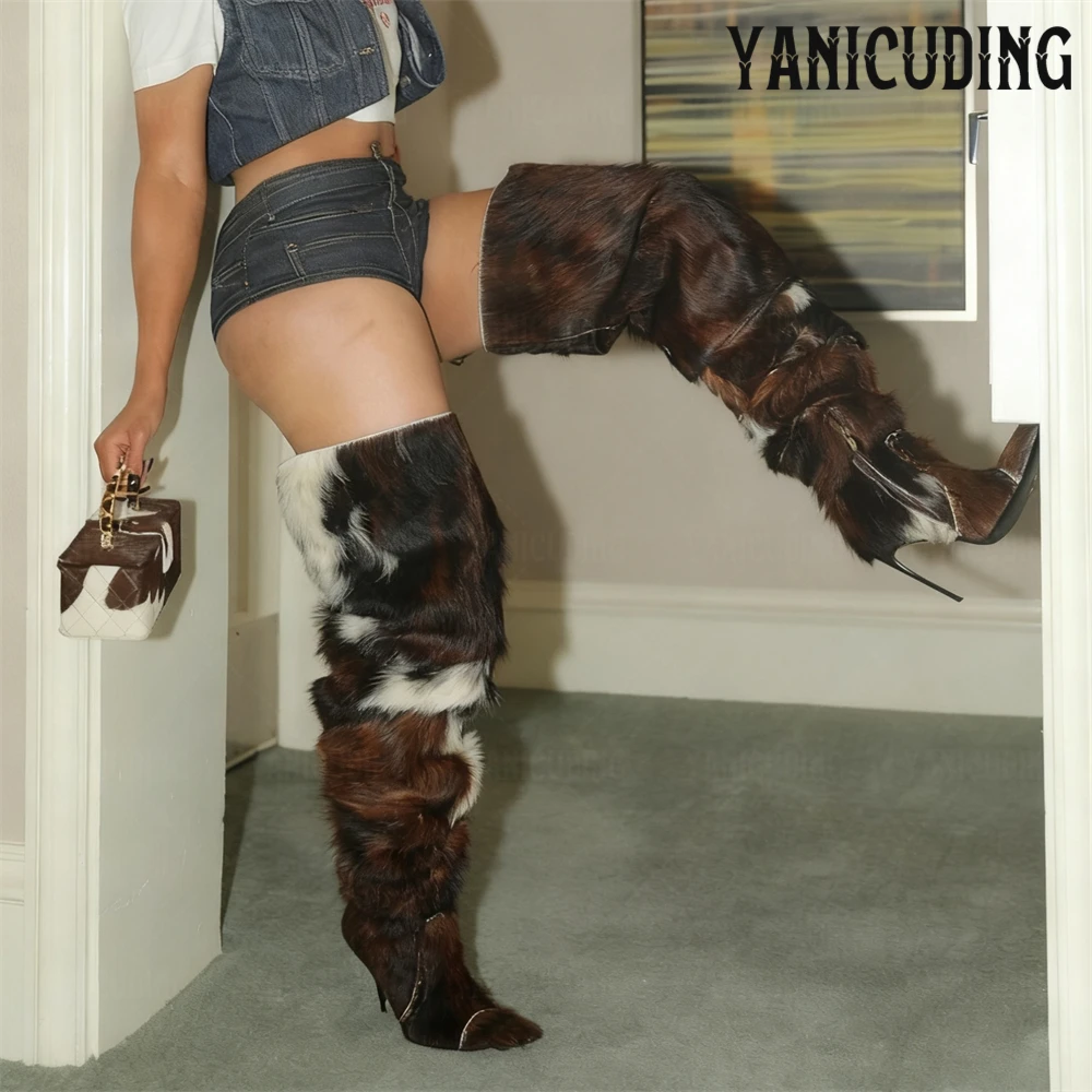 Cowhide Furry Thigh High Boot Fashionable Black Rivet over the Knee Boots Designer Style Pointed Toe Stiletto Boots for Women