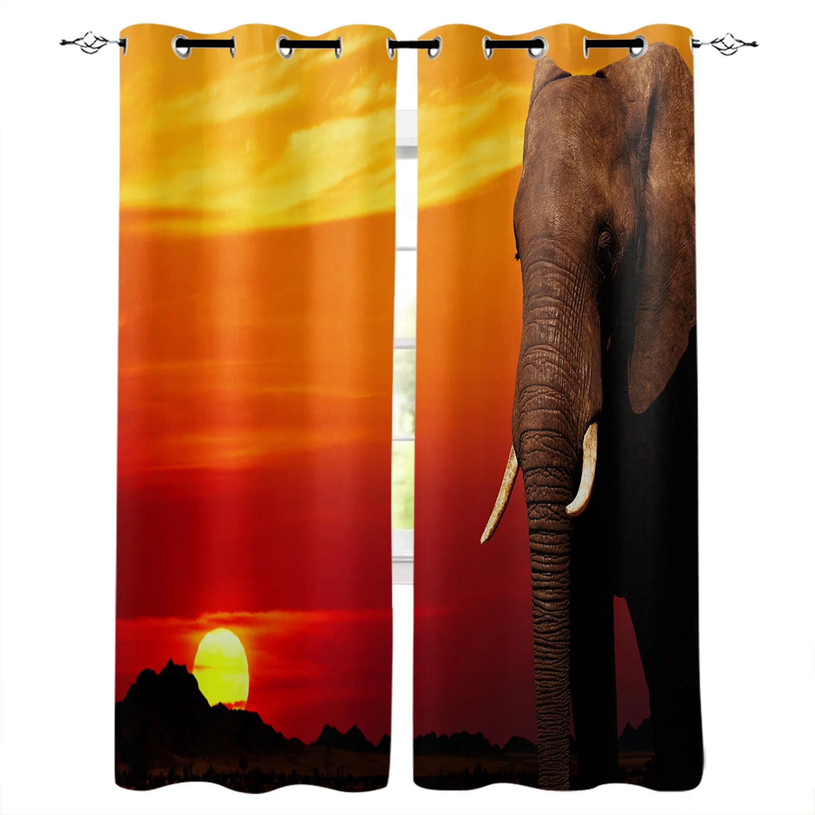 

African Animal Elephant Sunrise Blackout Curtains Window Curtains For Bedroom Living Room Decor Window Treatments