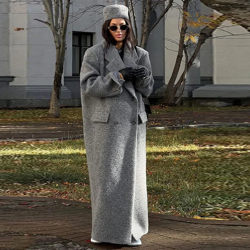 Fashion Woolen Long Coat Women Autumn Full Sleeve Button Fake Pocket Split Yellow Overcoat Elegant Oversize New in Outwear