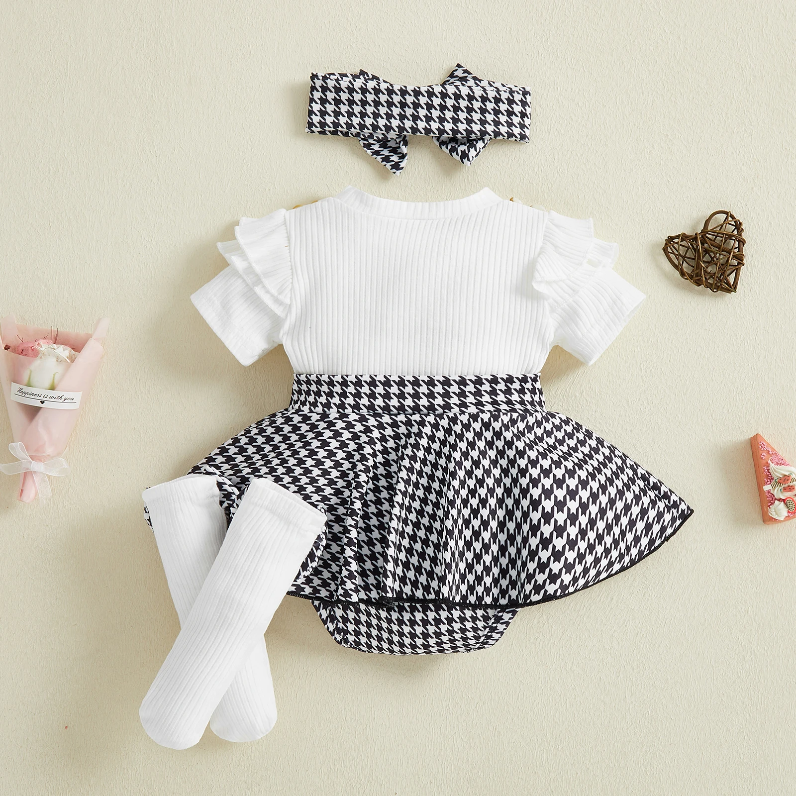 Infant Newborn Baby Girl Spring Outfit Houndstooth Short Sleeve Ribbed Romper Dress Bow Headband and Socks 3 Piece Set 4