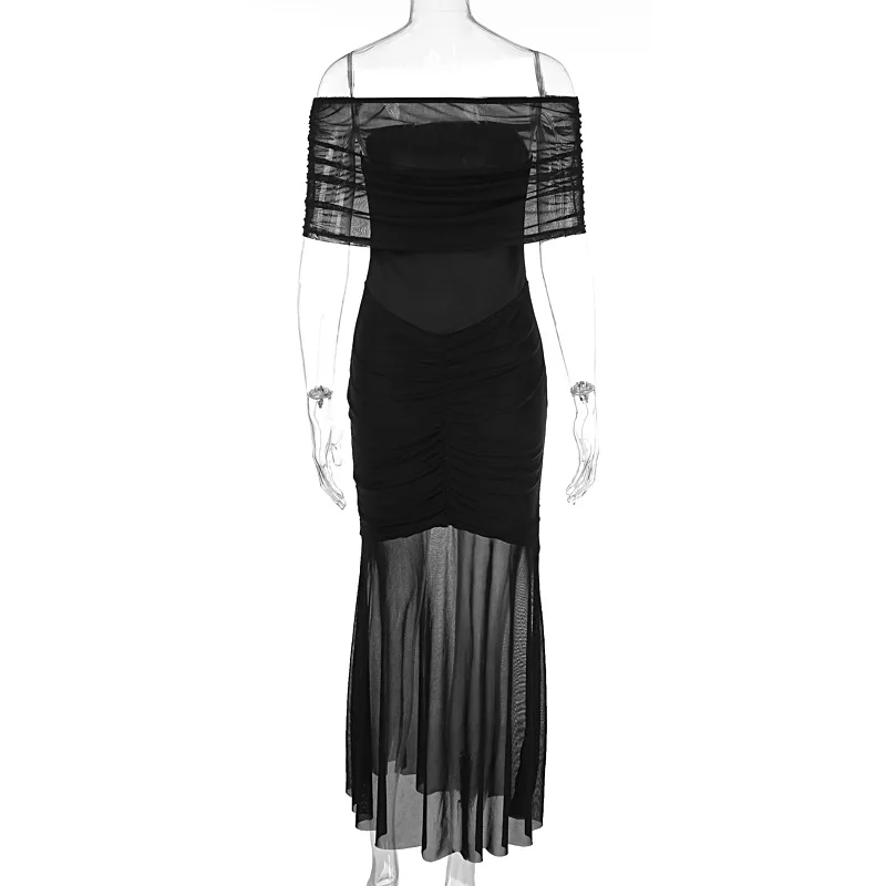 Autumn Mesh 2 Piece-Set Long Dress Women Off-Shoulder Pleated Elegant Bandeau Dress See-Through Female Maxi Dress Outfits