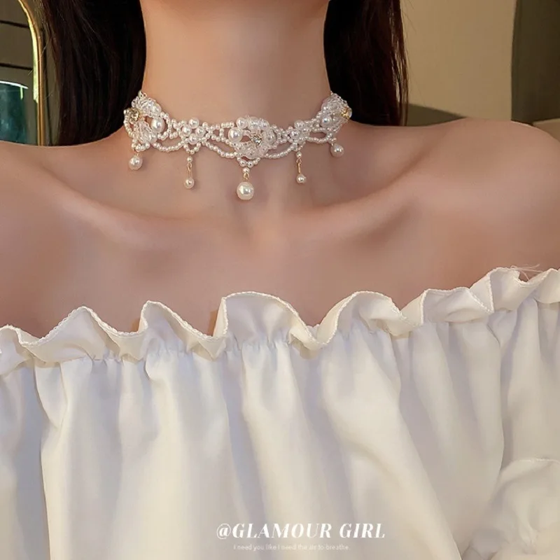 Gargantilla de perlas Vintage de lujo para mujer, collar de princesa precioso multicapa, cadena de clavícula de estilo romántico francés, regalo de fiesta