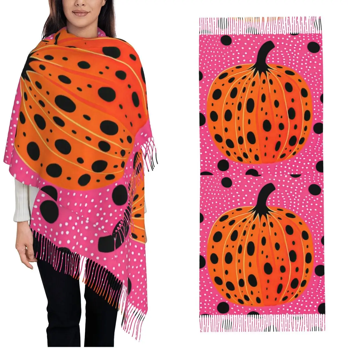 

Yayoi Kusama Style Pumpkin With Dots Shawls Wraps for Womens Warm Large Long Scarf Modern Art Pashmina Tassel Scarves