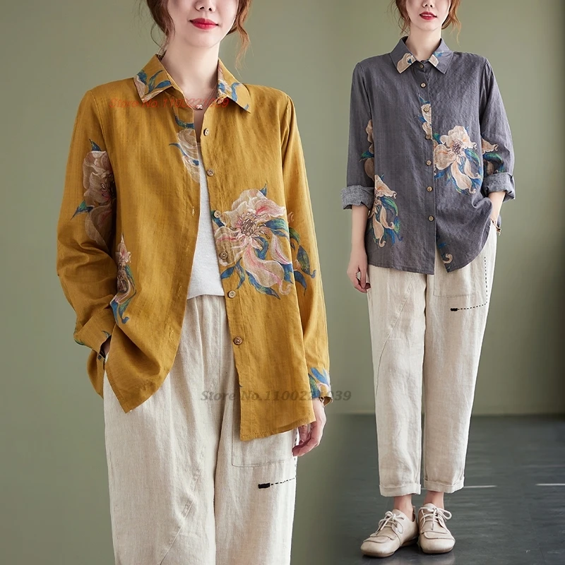 

2024 traditional chinese vintage blouse national flower print cotton linen blouse oriental retro tea service folk hanfu blouse