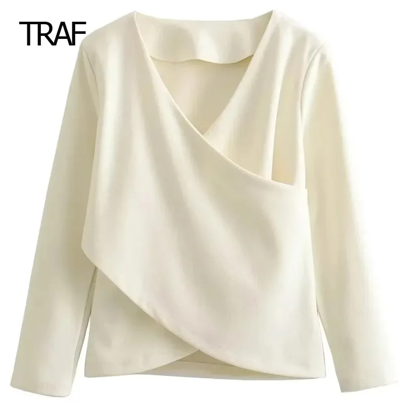 

TRAF Women's Blouse Spring Summer 2024 Crop Crossover Top V-Neck Long Sleeves Blouse New In Shirt Elegant Basic Blouses Women