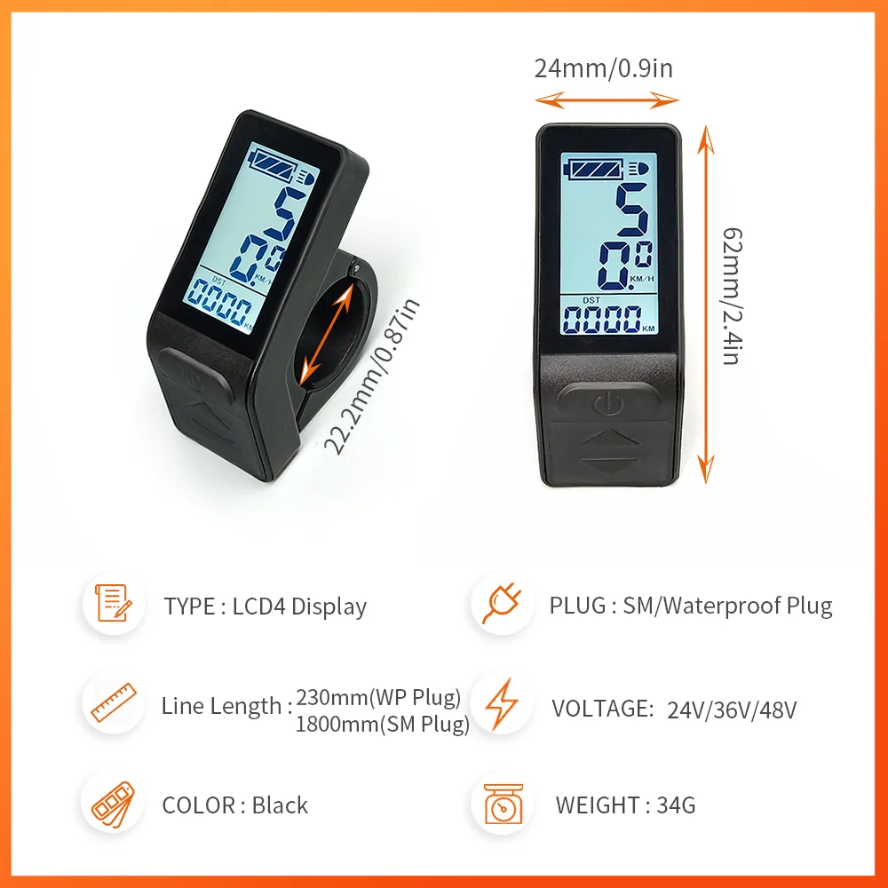 Écran LCD Vélo électrique 22.2 Mm - 24V/36V/48V/60V - IP65 étanche - Affichage Vitesse Autonomie