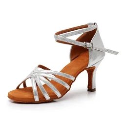USHINE Professional Heel 7cm/5cm Satin Without Knot Salsa Tango Ballroom Latin Dance Shoes Woman Zapatos De Baile Latino Mujer