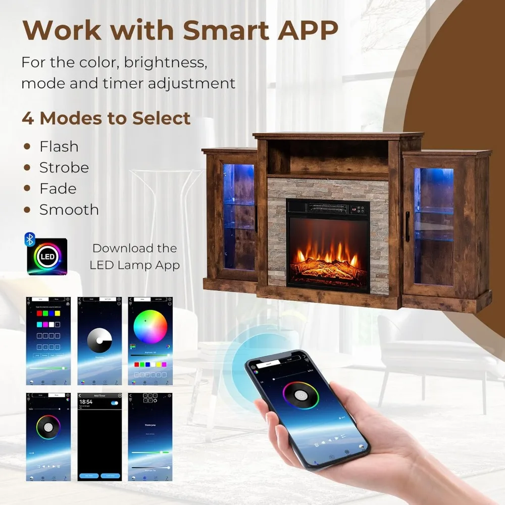 Electric Fireplace TV Stand for TVs Up to 65 Inches, 18-inch Fireplace Insert with APP Control, Remote Control, 16 Color Lights 4
