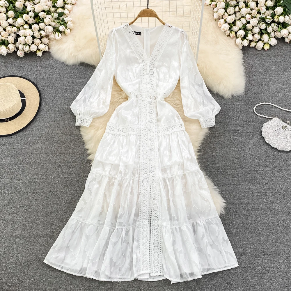 

Seaside Holiday Beach Dress V-neck High-waisted Large-swing Long Dress with Waist and Thin White Hollow Lace A-line Dress