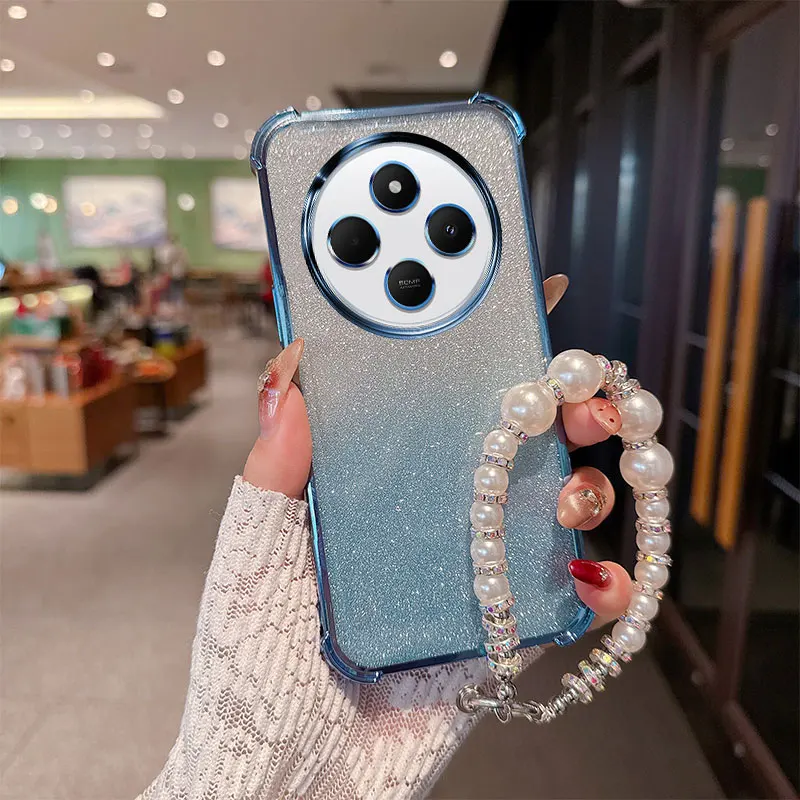 Gradient Glitter Shockproof TPU Phone Case with Luxury Pearl Chain Wrist Strap