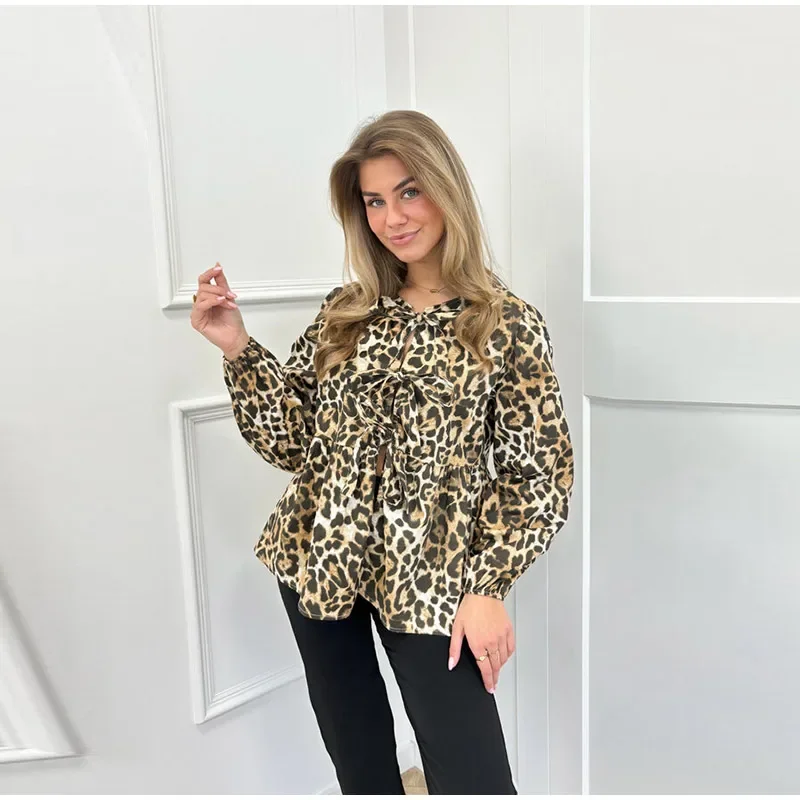 S8fa442a1c23b4856ab9cd460dc1715b7h Fashion Leopard Print Bow Women Shirts Casual Long Sleeve O-neck Lace Up Blouses Spring Summer Retro Hollow Out Female Top Mallzona