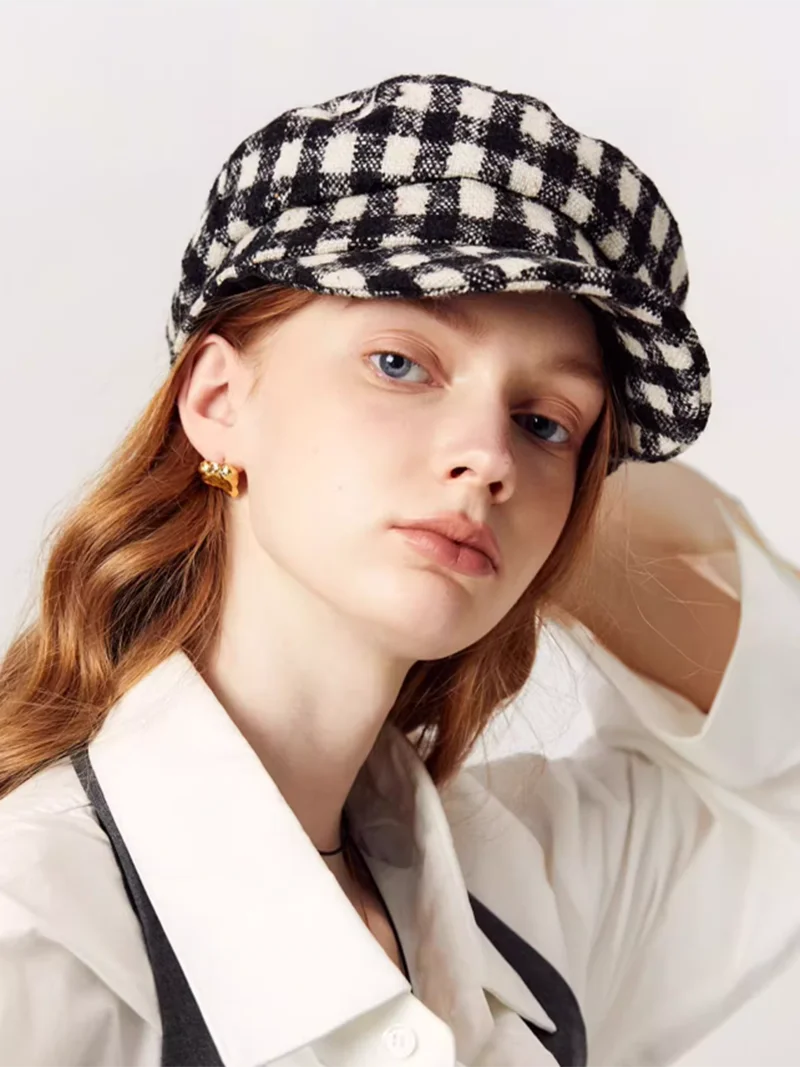 Luna&Dolphin Leisure Women Wool Black White Plaid Cap Vintage Beret Hats Winter Warm UV Cut Casual Hats