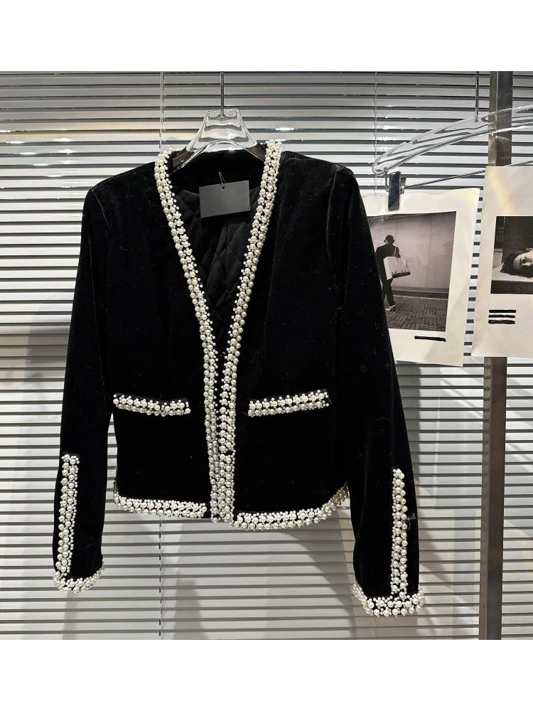 

HIGH STREET 2024 Newest Designer Stylish Jacket Women's Fashion V-Neck Long Sleeves Pearls Beaded Velvet Short Coat
