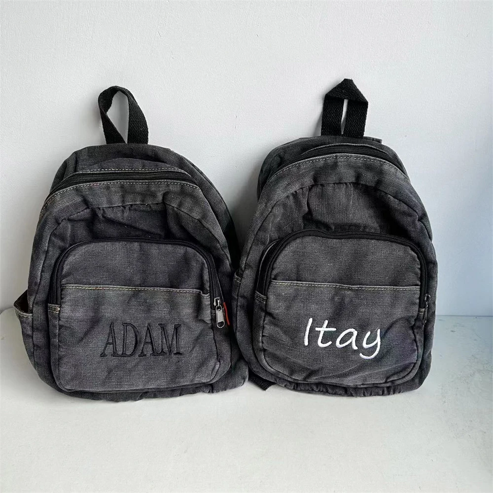 Mochila jeans cor cinza com nome bordado personalizado, bolsas de viagem personalizadas, mochila estudantil casual, presente para meninos e meninas