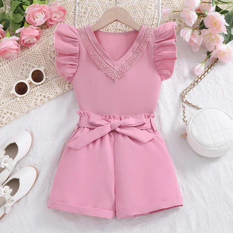 New Summer Girls Pink Ruffled V-Neck Top & Pink Shorts Two Piece Set Daily Casual Vacation Holiday Cute Preppy Style Outifits