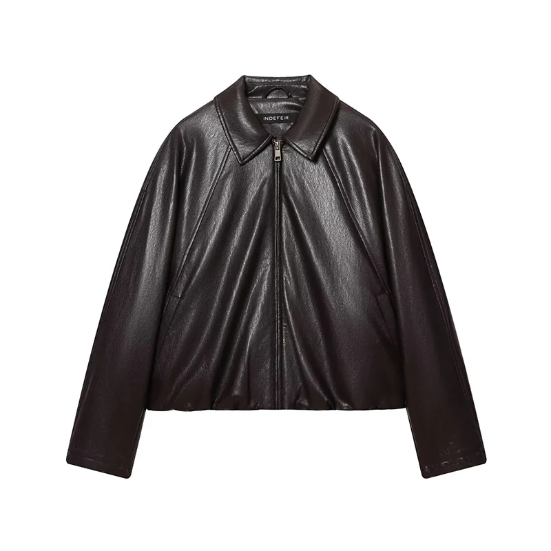 Women Faux Leather Jacket Lapel Long Sleeve Zipper Short Coat Autumn Bomber Jacket For Women Streetwear Casual New Outerwear