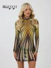 Ahagaga Sexy Club Women's Mini Dresses Print Turtleneck Regular Long Sleeves Sheath Sheer Slim Fit Causal Streetwear Vestidos