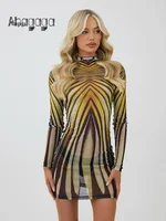 Ahagaga Sexy Club Women's Mini Dresses Print Turtleneck Regular Long Sleeves Sheath Sheer Slim Fit Causal Streetwear Vestidos