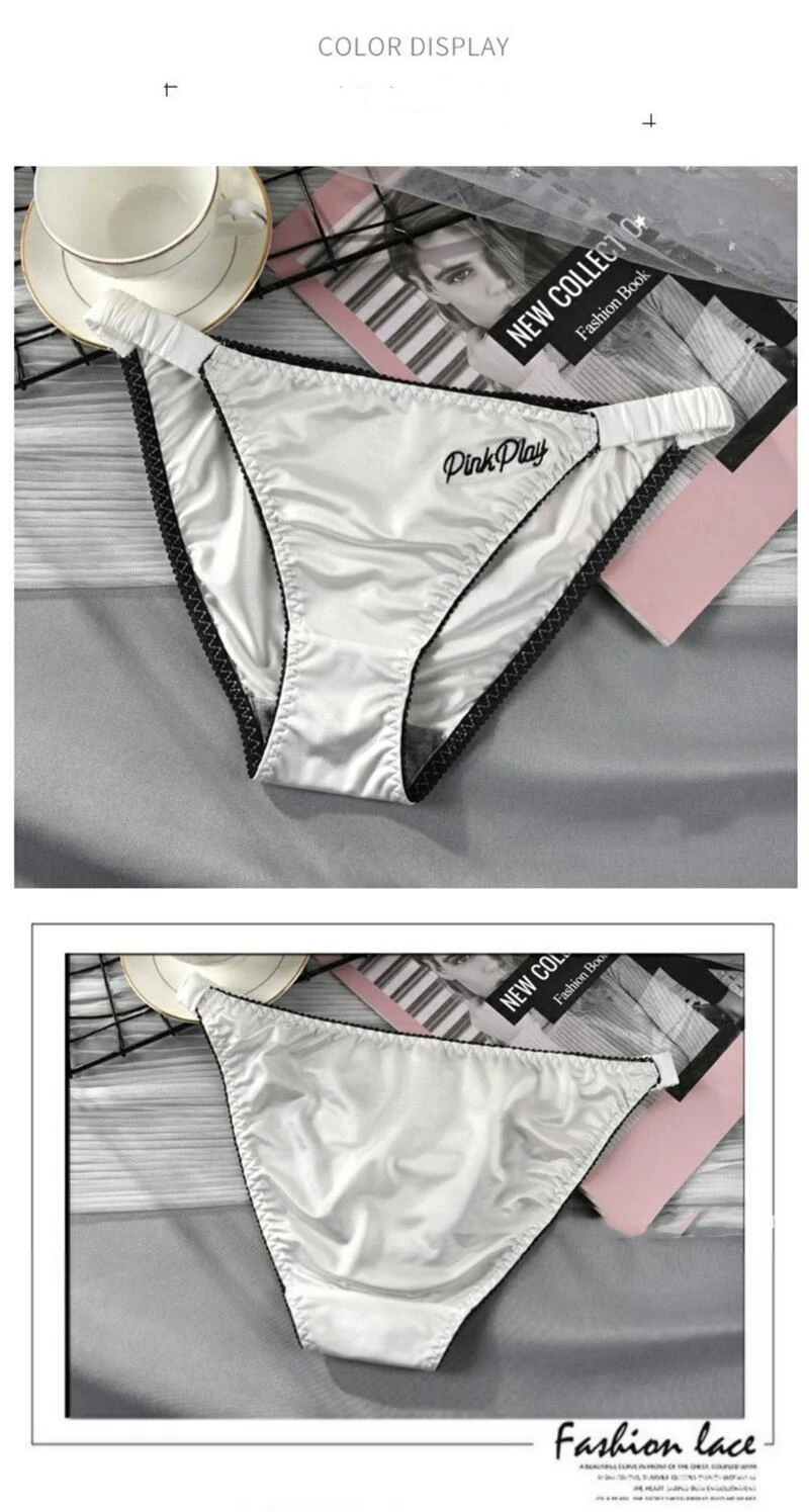 Women Satin Ice Silk Panties With Letter Embroidery Elastic Waistband Lace Trim Briefs Breathable Underpants 7