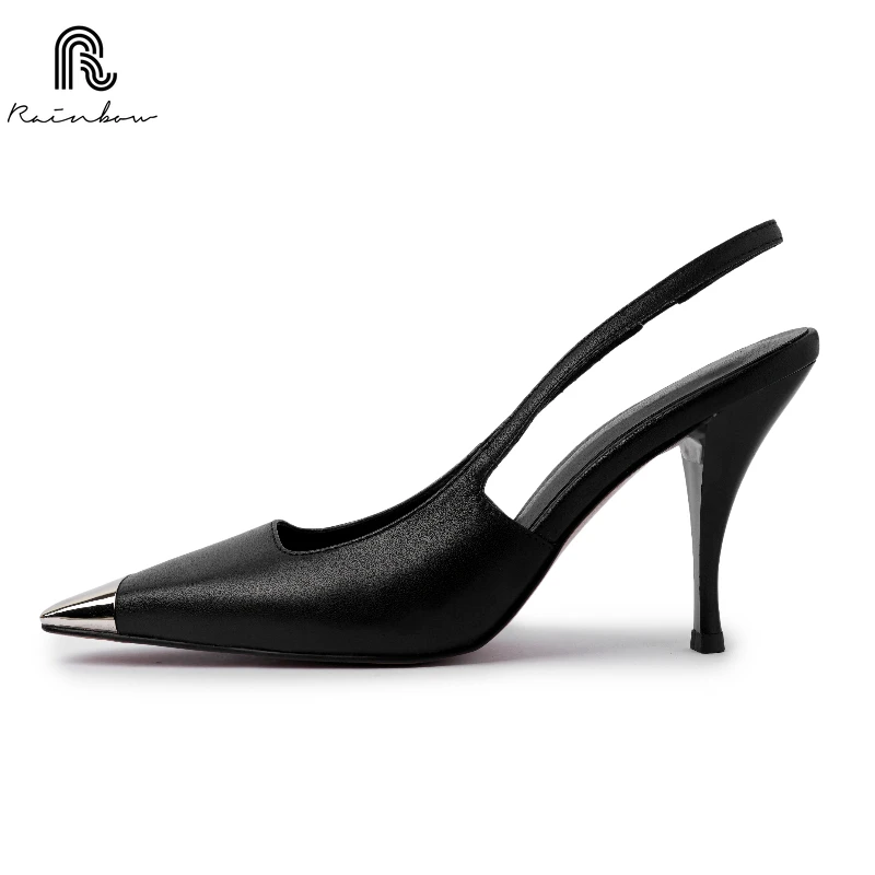 RAINBOW Size 34-39 Genuine Leather Women Sandals High Heels Shoes Summer 2025 Backless Metal Square Toe Sexy Party Office Lady 2
