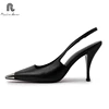 RAINBOW Size 34-39 Genuine Leather Women Sandals High Heels Shoes Summer 2025 Backless Metal Square Toe Sexy Party Office Lady 2