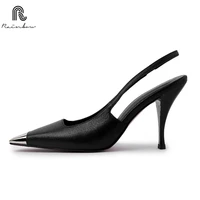 RAINBOW Size 34-39 Genuine Leather Women Sandals High Heels Shoes Summer 2025 Backless Metal Square Toe Sexy Party Office Lady 2
