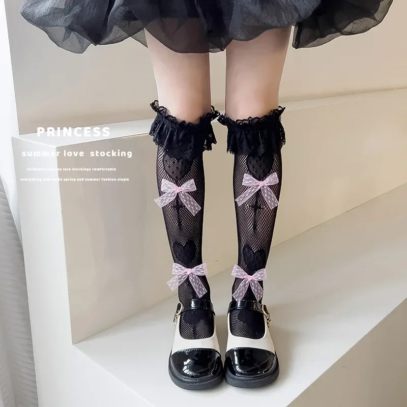 1 Pair Girls Knee High Socks Lace Mesh Hollow JK Calf Frilly Sock for Monther Child Girl Summer Thin Breathabnle Pile Sock