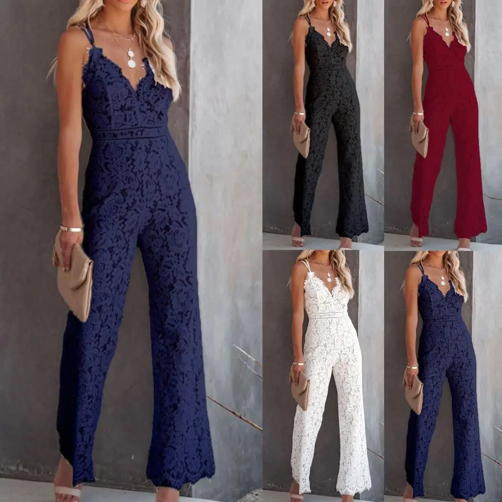 

Popular Summer Playsuit Women Slim Elegant Lace V Neck Jumpsuit Slim Romper Patchwork