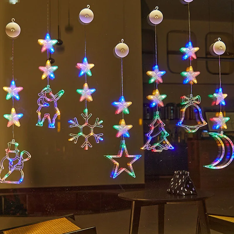 Led Star Moon Xmas Lamp Suction Cup Window Hanging Ornaments Christmas Decorations for Home Wedding Party Navidad New Year Gifts