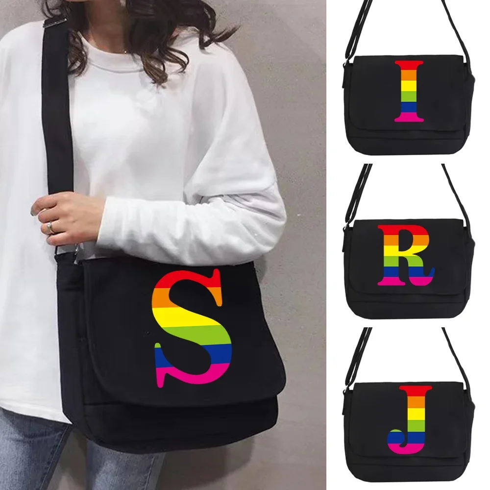 

Shoulder Crossbody Bag Japanese Casual Fashion New Messenger Case Canvas Packet Rainbow Letter Print Organizer for Women Bags
