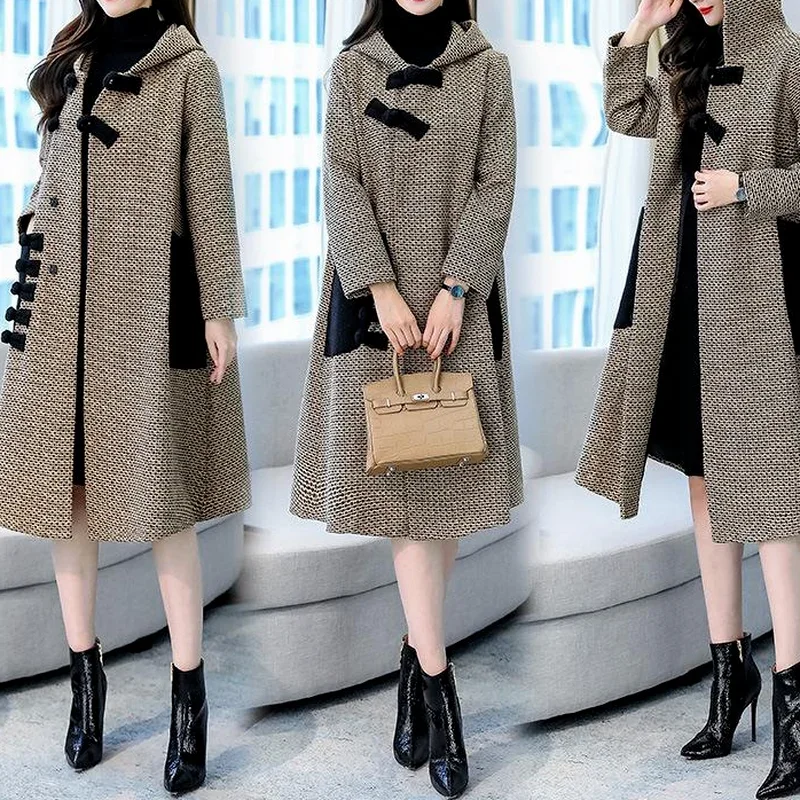 Open Front Long Jacket Hoodies Autumn Stylish Women Hooded Wool Coat Casual Solid Long Sleeve Woolen Cardigan Thin Trench Coats