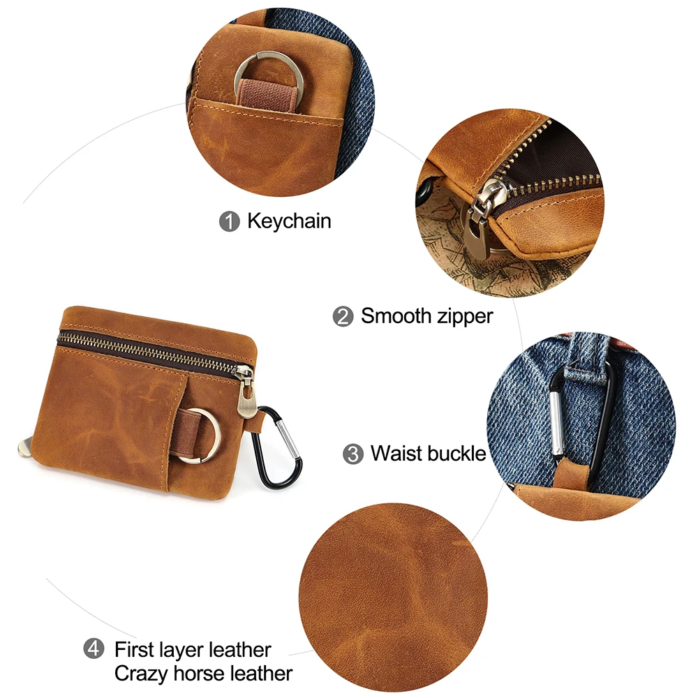 Vintage Crazy Horse Leather Coin Purse With Keychain Men Women Mini Short Wallet Card Holder Change Purse Storage Bag
