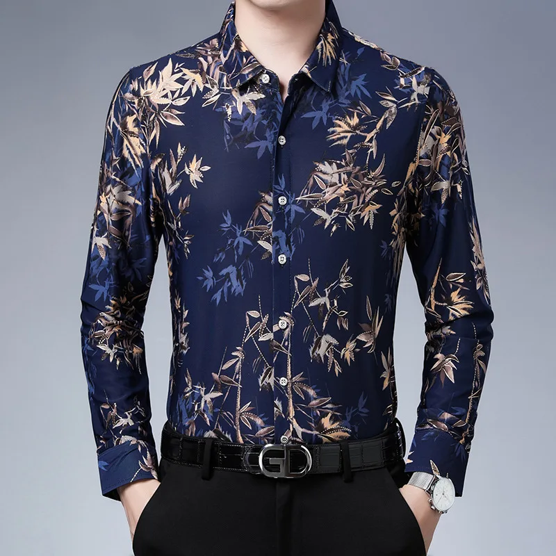 

2024 Spring Floral Jacquard Men's Loose Shirt Top Middle-Aged Dad Outfit No Iron Business Casual Long Sleeve Stretch Shirt