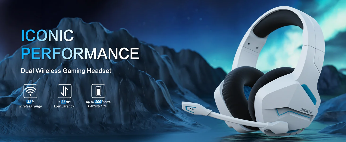 BINNUNE BW01 Kabelloses Gaming-Headset mit 2,4 GHz für PS5, PS4, PC, 120 Stunden Bluetooth 5.3-Gaming-Kopfhörer mit geräuschunterdrückendem Mikrofon – Detail 1