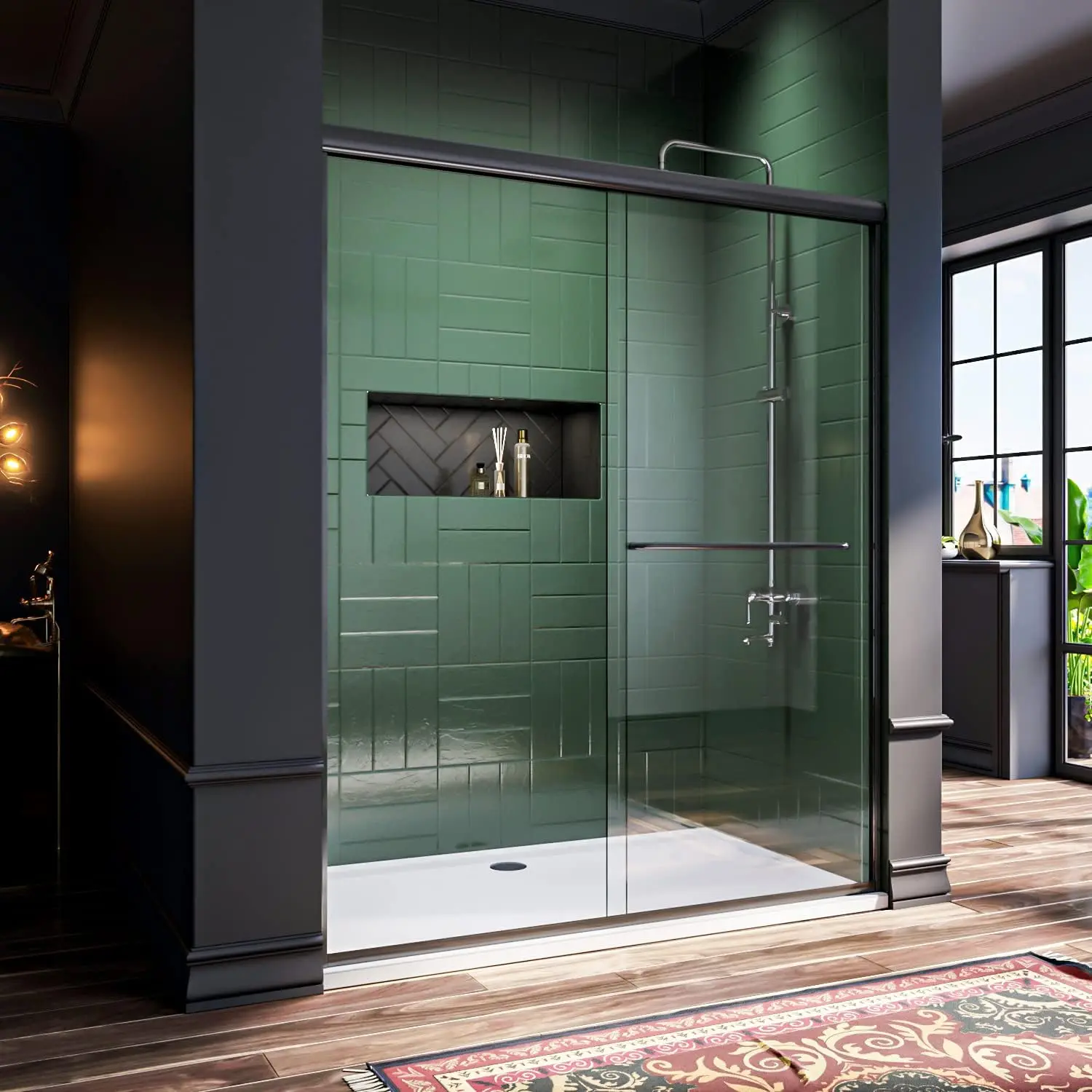 Frameless Sliding Shower Door,Bathroom Sliding Door with 1/4'' Clear Glass, Black Hardware Double Sliding Glass Shower Enclosure 2