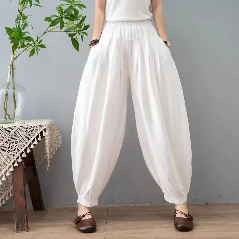 2023 Summer Leisure Fashion Retro Art Ethnic Style High Waist Solid Color Loose Oversize Versatile Women's Hooded Lantern Pants