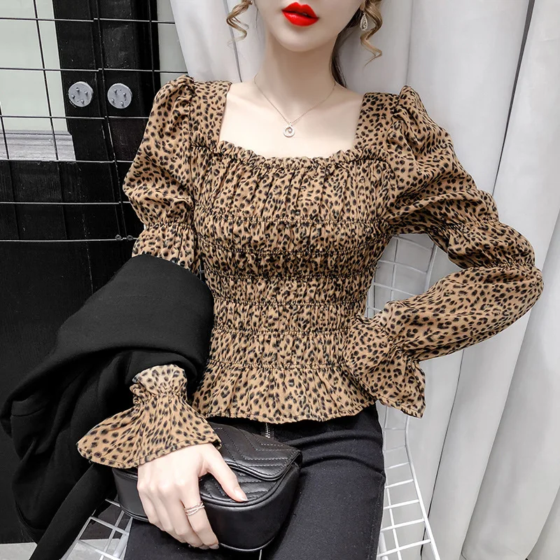 Puff Sleeve Leopard Pattern Blouse Women Stretch Square Neck Pullover Corset Waist Summer Thin Top Streetwear Office Korea Shirt