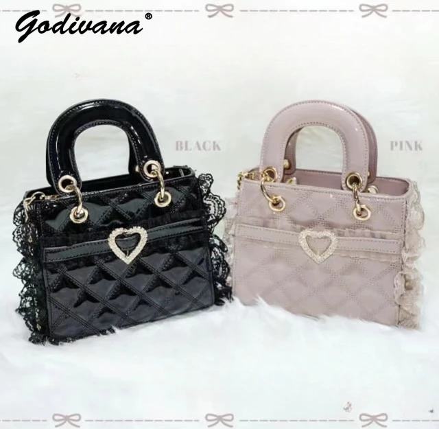 Heart Buckle Lace Stitching Messenger Bag Handbag Lady Girls Rhinestone Pearl Bow Mine Style Mass-Produced Cosmetic Bag