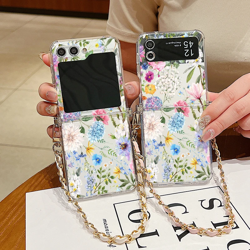 Hydrangea Print Metal Lanyard Case For Samsung Galaxy Z Flip6 Flip5 Flip4 Flip3 Flip 6 5 4 3 Shockproof Clear Soft Phone Cover_voghion.com