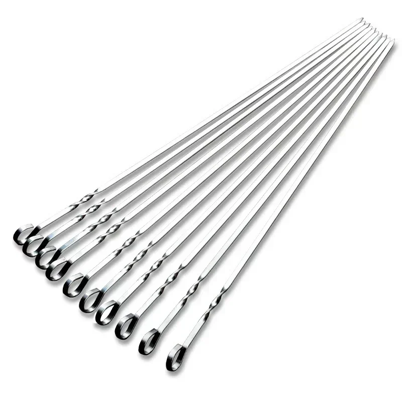 10pcs/set Stainless steel 430 BBQ stick thickened 41cm household mutton skewers iron drill BBQ stick tool stick.
