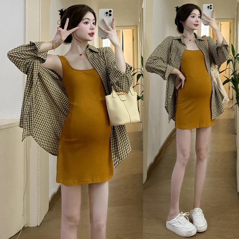 2024 새로운 유행 출산 여름 드레스 슬리밍 탄성 레드 핫 엄마 조끼 드레스 민소매 캐주얼 유행 임신 착용