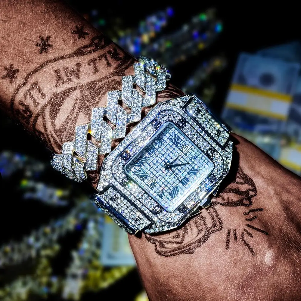3pcs Men's Watch Set Hip-hop Punk Inlay Diamond Square Watch+Cuban Chain+Bracelet Comes With Strap Adjuster Stylish Jewelry Gift 6