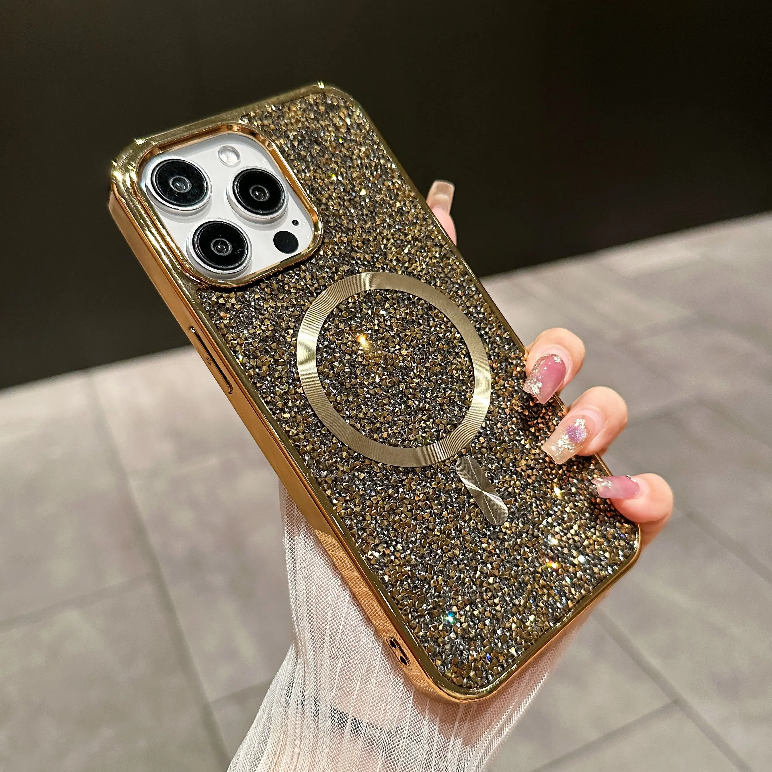 Glitter Shining Diamond Plating Slim Phone Case with Wireless Charging and Magnetic Back Cover