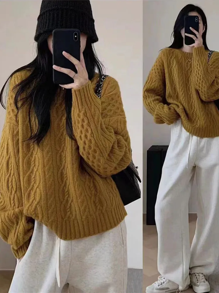 Korean Fashion O-Neck Sweater Women's 2024 Autumn/Winter New Round Neck Pullover 100% Wool Cashmere Knit Sweater Loose Warm Tops 3